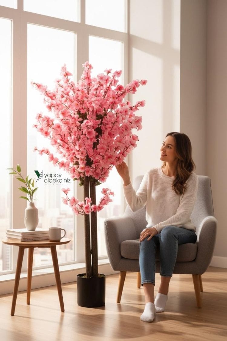 120 cm Yoğun Yapraklı Pembe Yapay Japon Bahardalı Ağacı