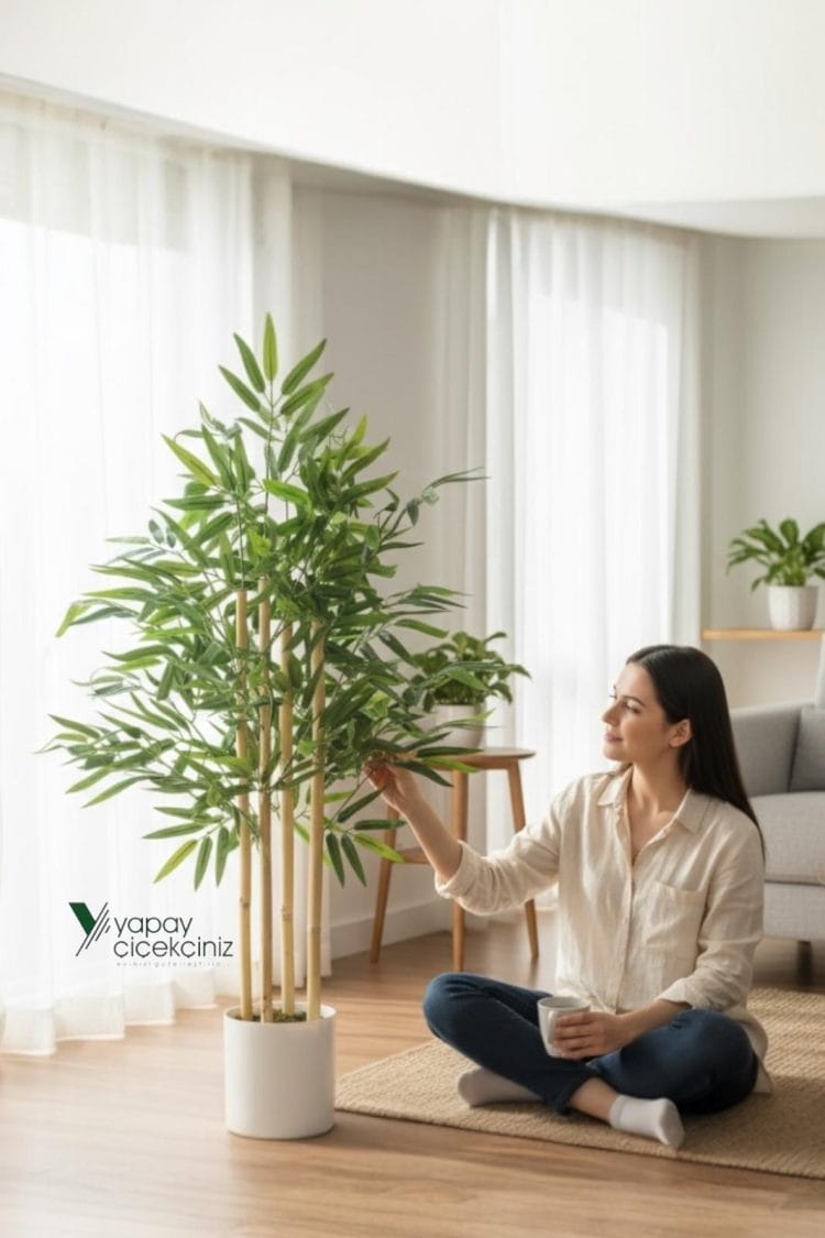 Beyaz Renkli Saksıda 100 cm 4 Gövde Yoğun Yaprak Yapay Bambu Ağacı